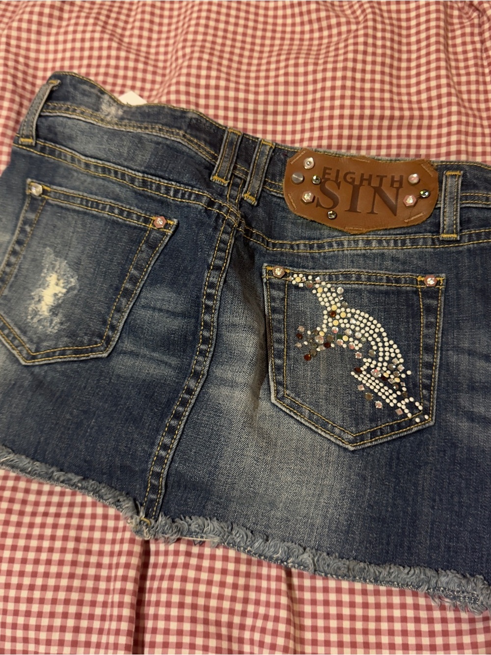 Distressed Dark Blue Denim Mini Skirt with Stud Embellishments - Picture 7 of 7